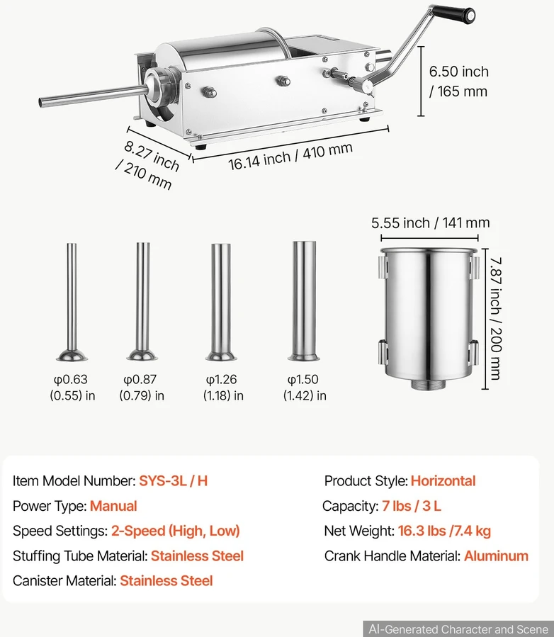 VEVOR Rankinė horizontali dešrų kimšyklė 3 l