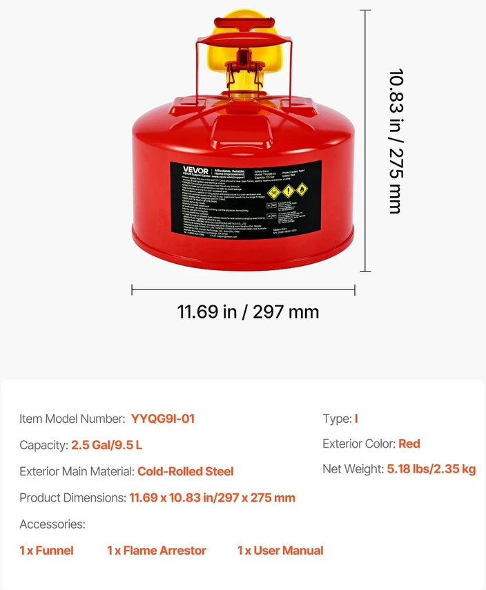VEVOR Raudonas 9.5 L benzino kanistras