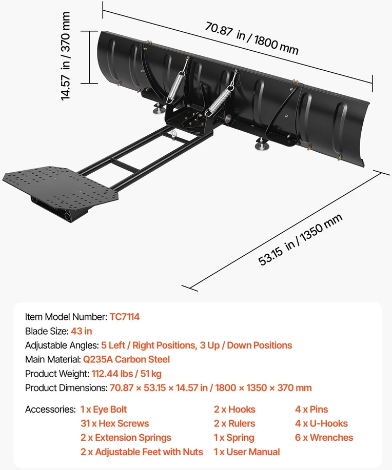 VEVOR Reguliuojamas sniego valytuvas keturračiams 1092/1800 mm