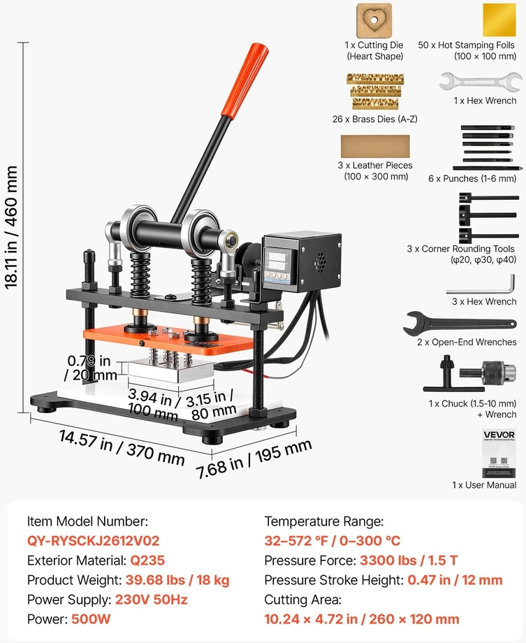 VEVOR Šildomas odos pjovimo presas 260 x 120 mm