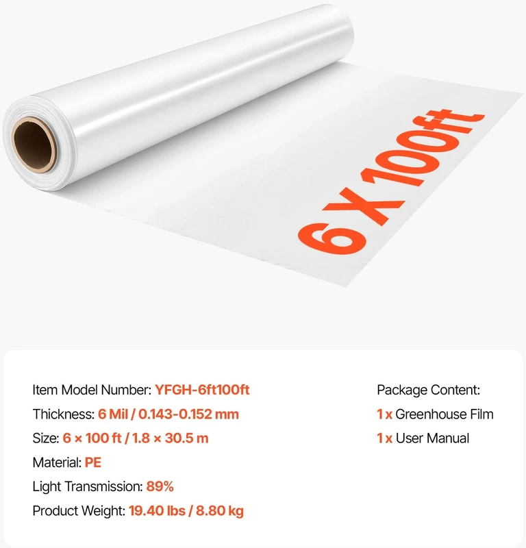 VEVOR Šiltnamio plastikinė plėvelė 1,8x30,5 m