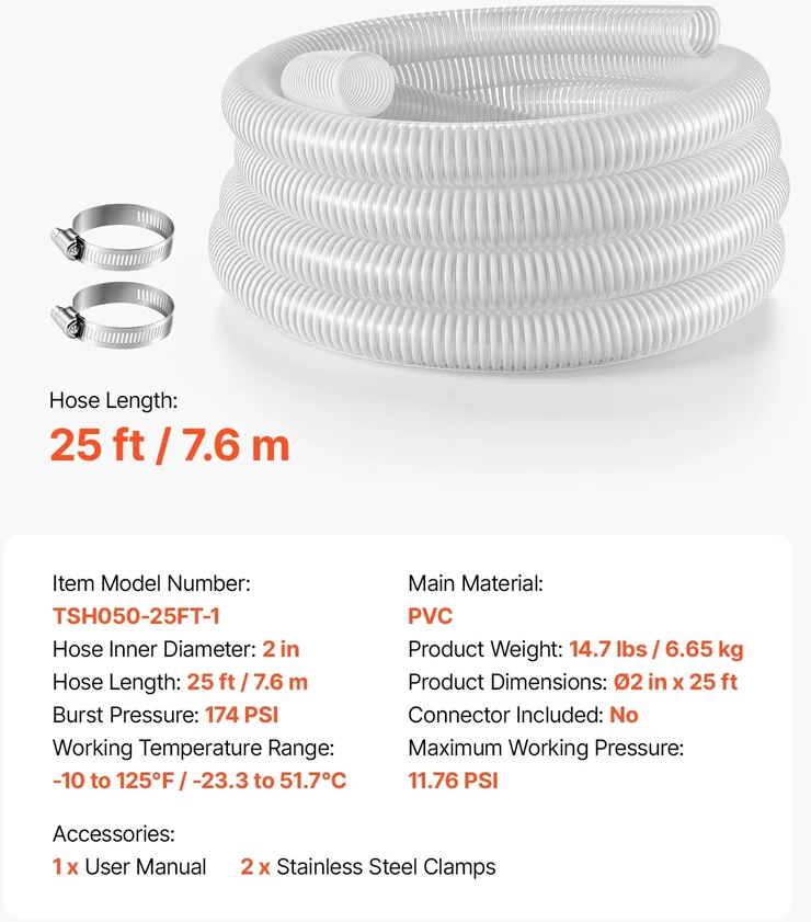 VEVOR Siurbimo žarna 2" x 7,6 m PVC