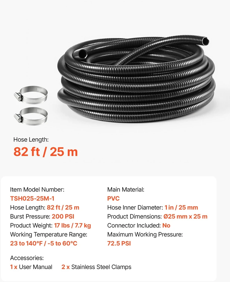 VEVOR Siurbimo žarna 25 mm x 25 m su apkabomis, juoda