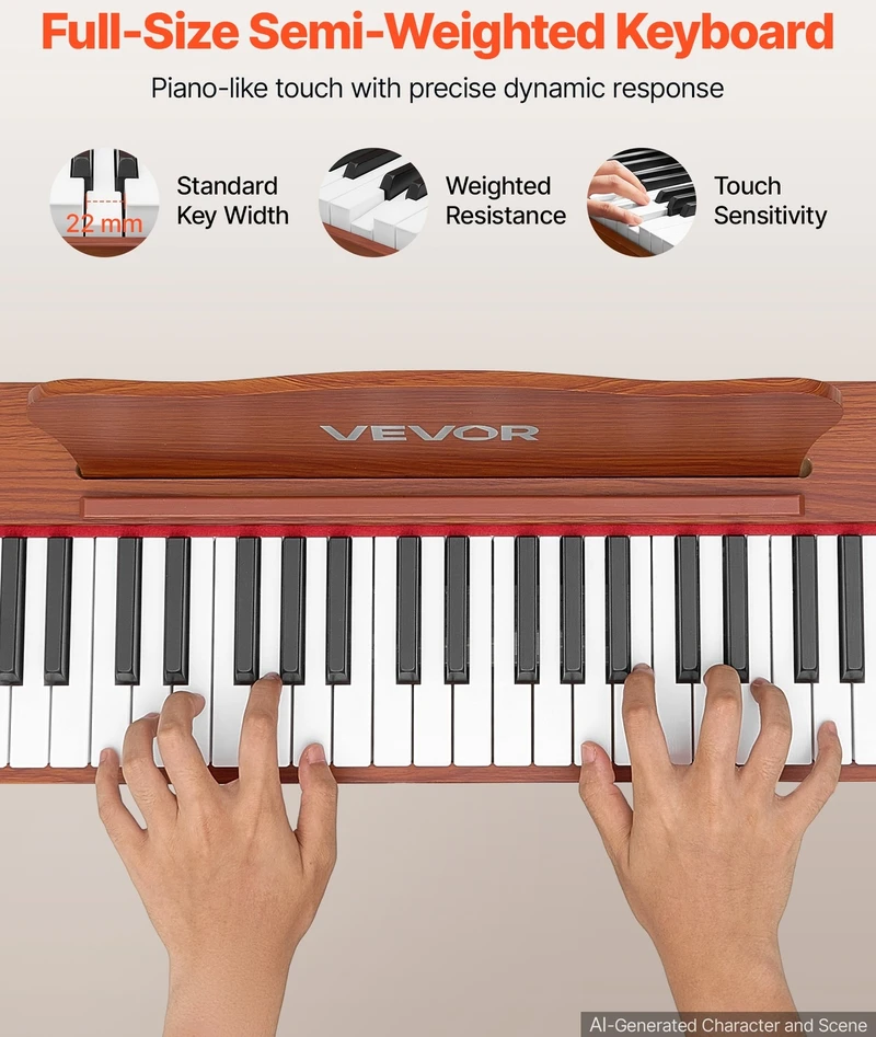 VEVOR Skaitmeninis pianinas 88 klavišų su stovu, rudas