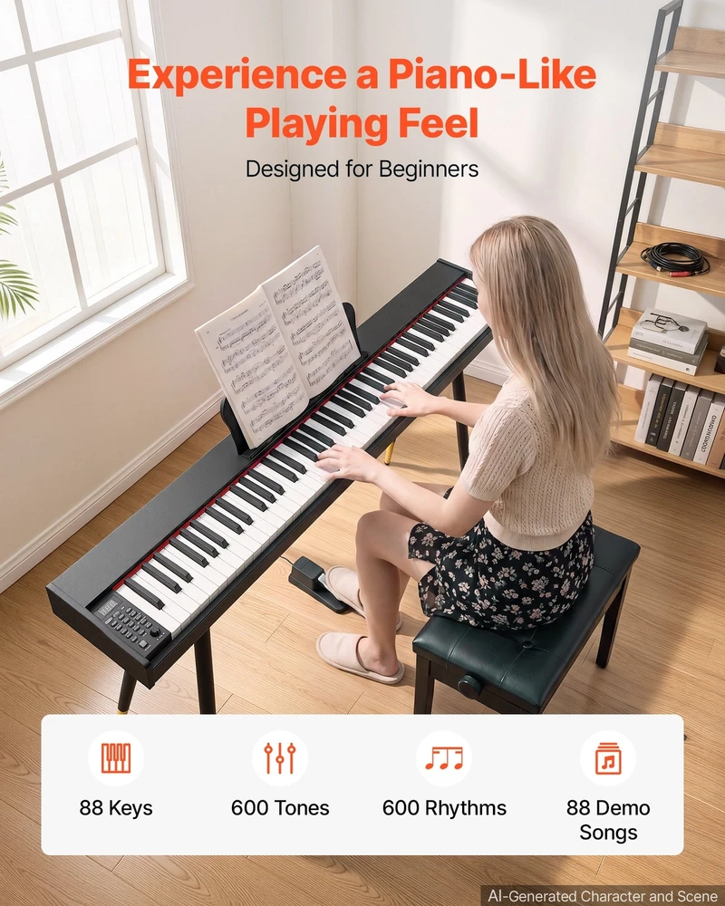VEVOR Skaitmeninis pianinas 88 klavišų su stovu, juodas