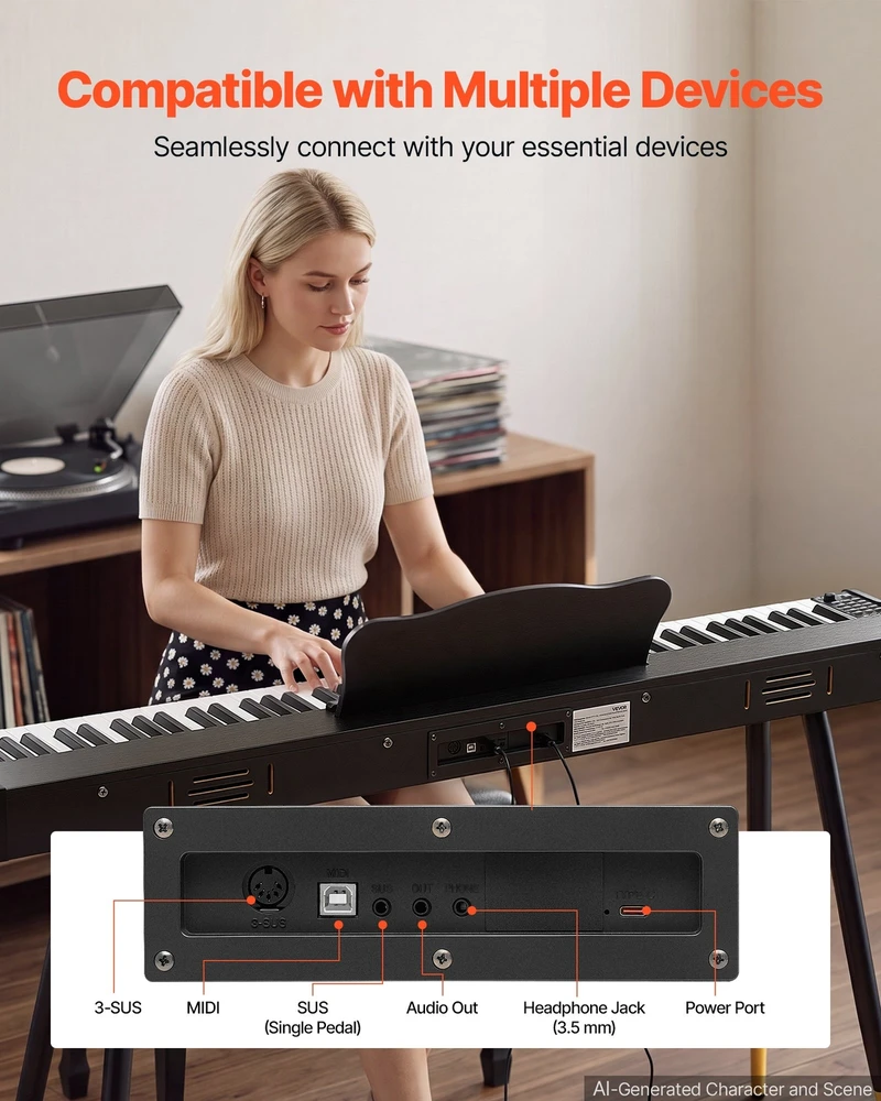 VEVOR Skaitmeninis pianinas 88 klavišų su stovu, juodas