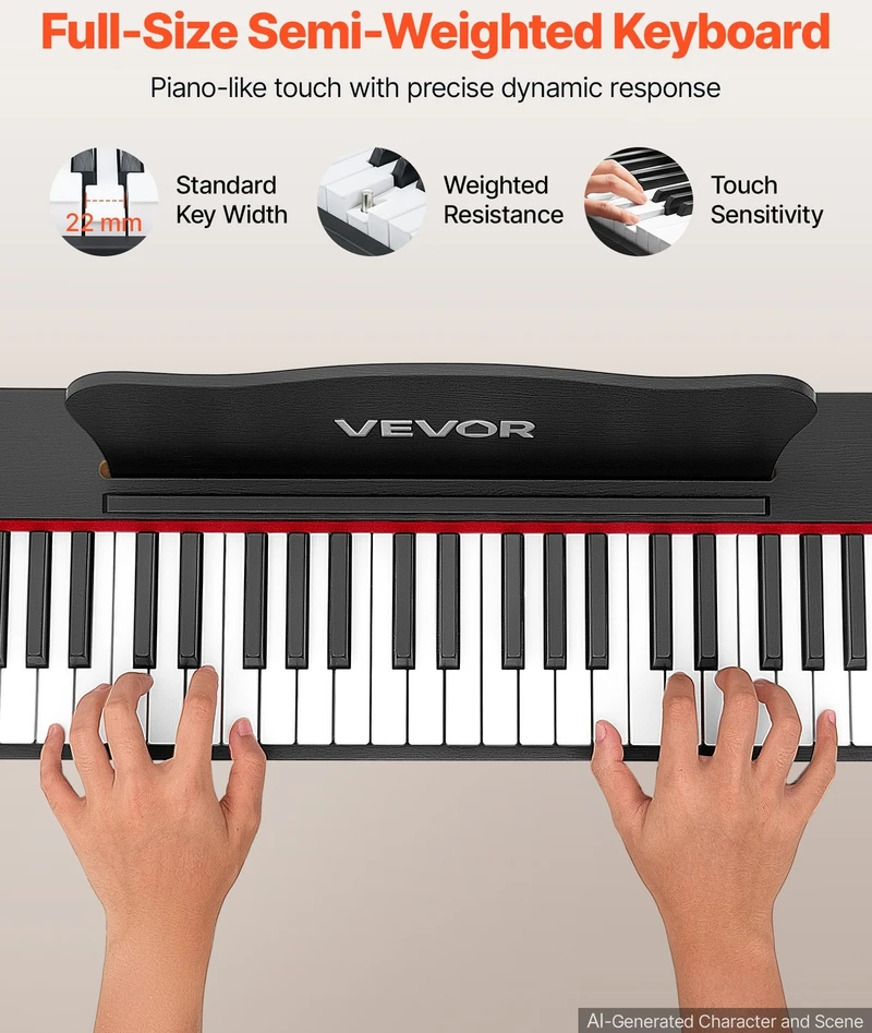 VEVOR Skaitmeninis pianinas 88 klavišų su stovu, juodas
