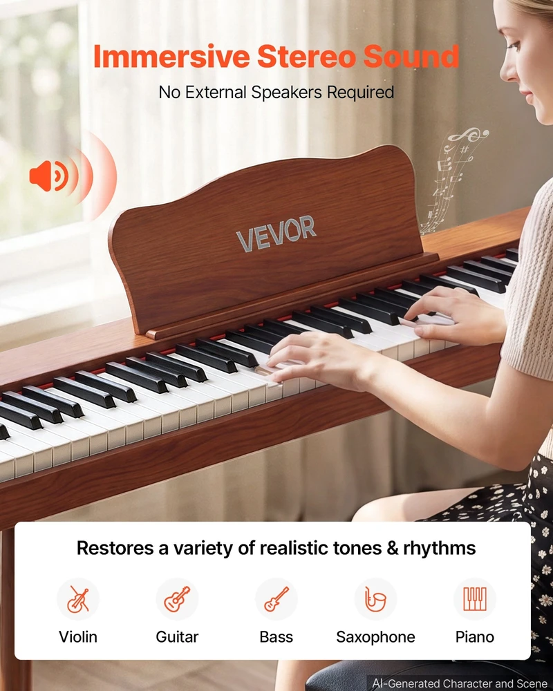 VEVOR Skaitmeninis pianinas 88 klavišų su stovu, rudas