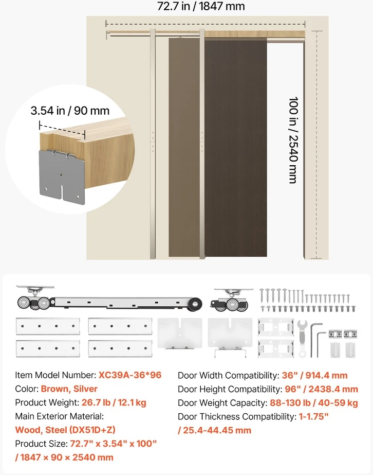 VEVOR Stumdomų durų rėmo komplektas 914.4 mm