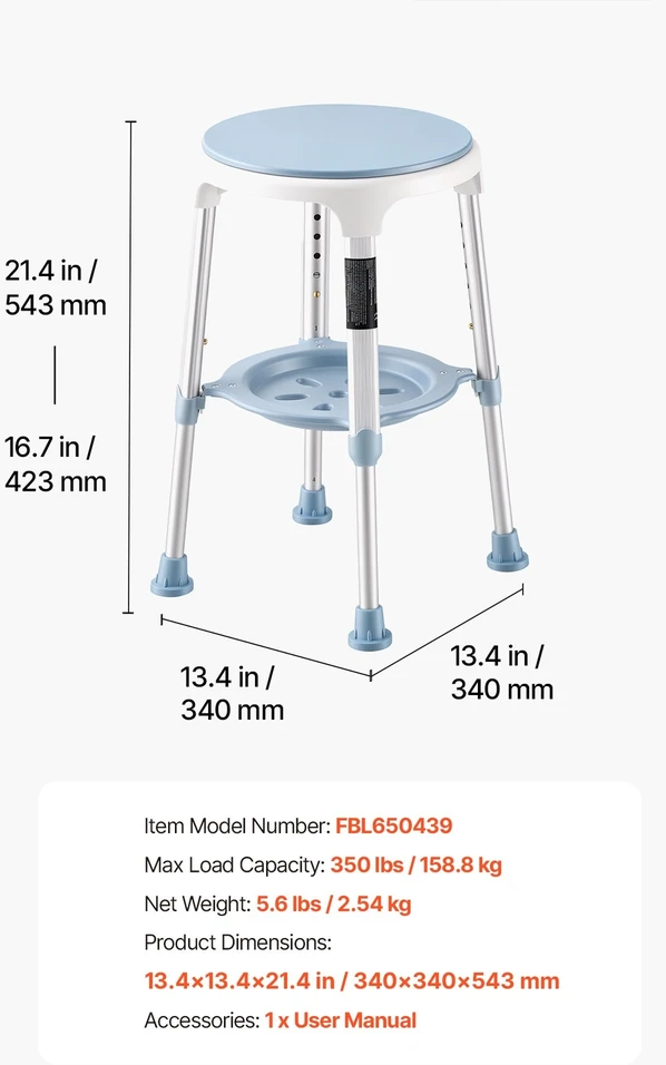 VEVOR Sukama dušo kėdė 360°, reguliuojamo aukščio