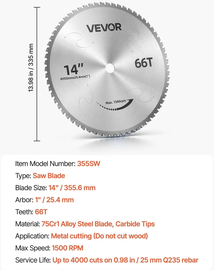 VEVOR Švytuoklinio pjūklo diskas 355,6 mm 66T