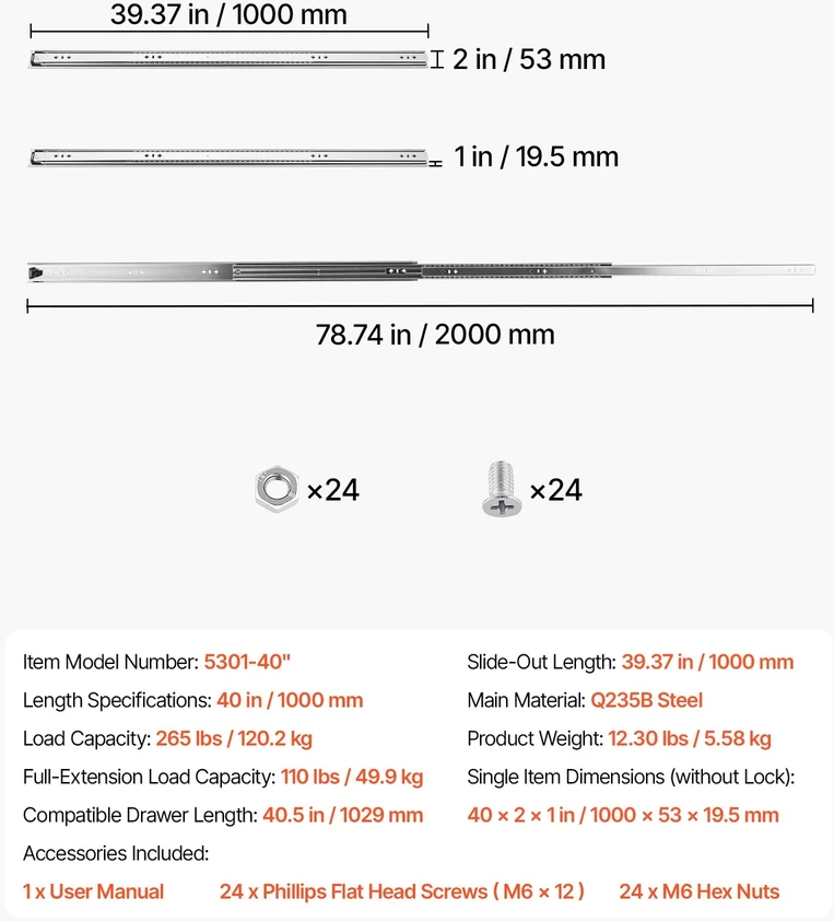VEVOR Teleskopiniai stalčiaus bėgeliai, 100 cm, 120.2kg