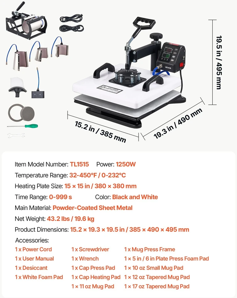 VEVOR Termopresas 38 x 38 cm 8 viename