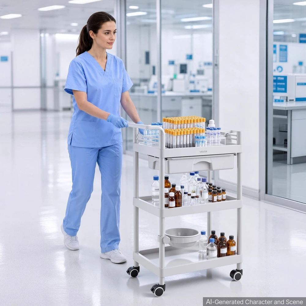VEVOR Trijų lygių medicininis vežimėlis su stalčiumi