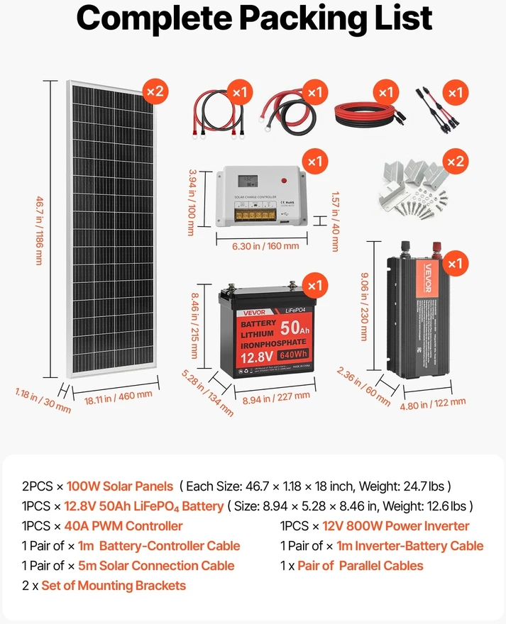 VEVOR V 200W 12V saulės energijos komplektas