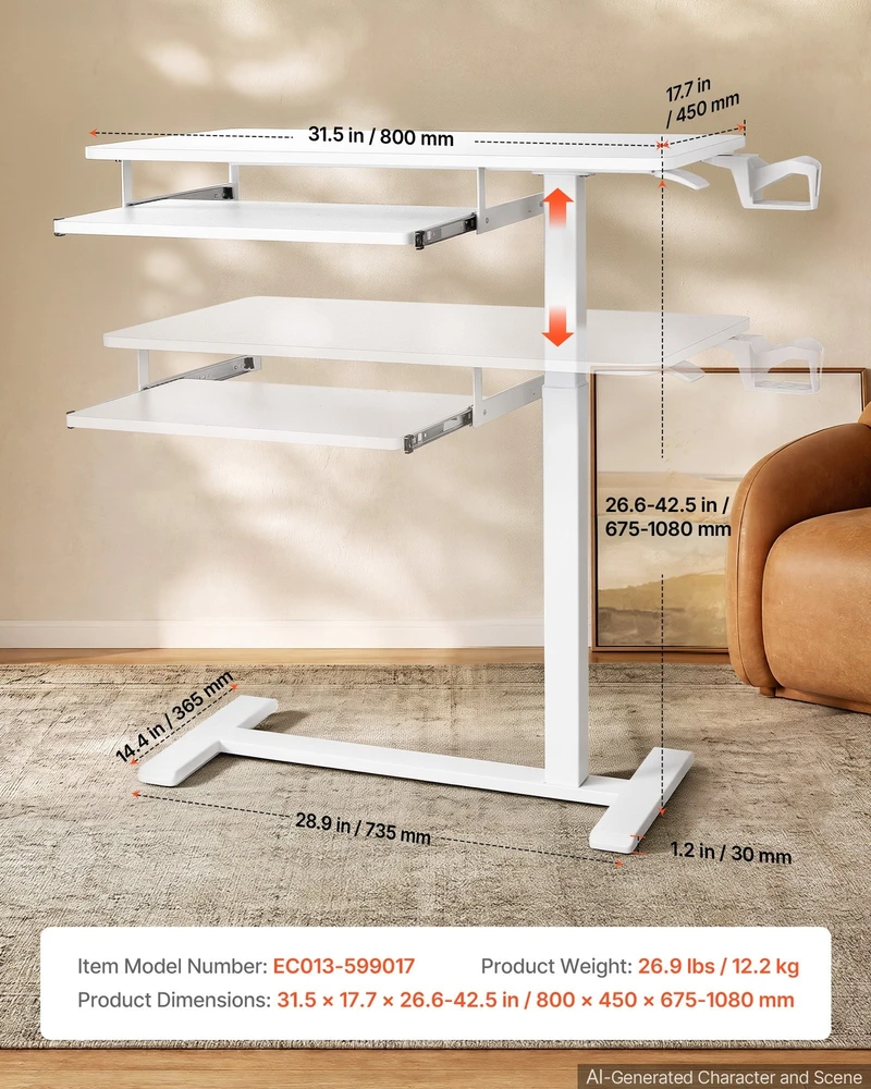 VEVOR Viršlovinė mobilioji staliukas 800 x 450 mm