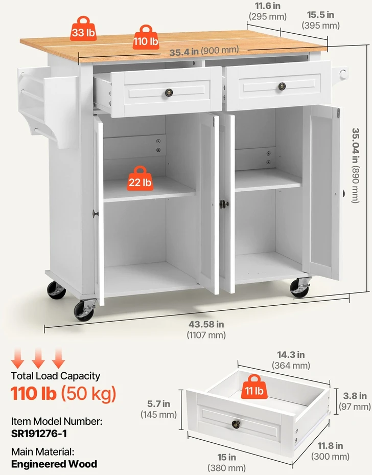 Virtuvės sala VEVOR SR191276-1, 1107 mm pločio