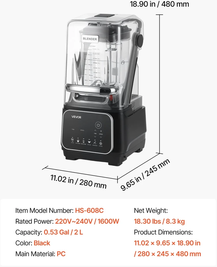 VEVOR Virtuvinis blenderis su ekranu 2L, 2200W, juodas