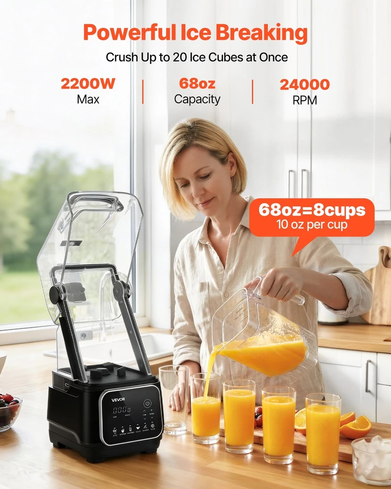 VEVOR Virtuvinis blenderis su ekranu 2L, 2200W, juodas