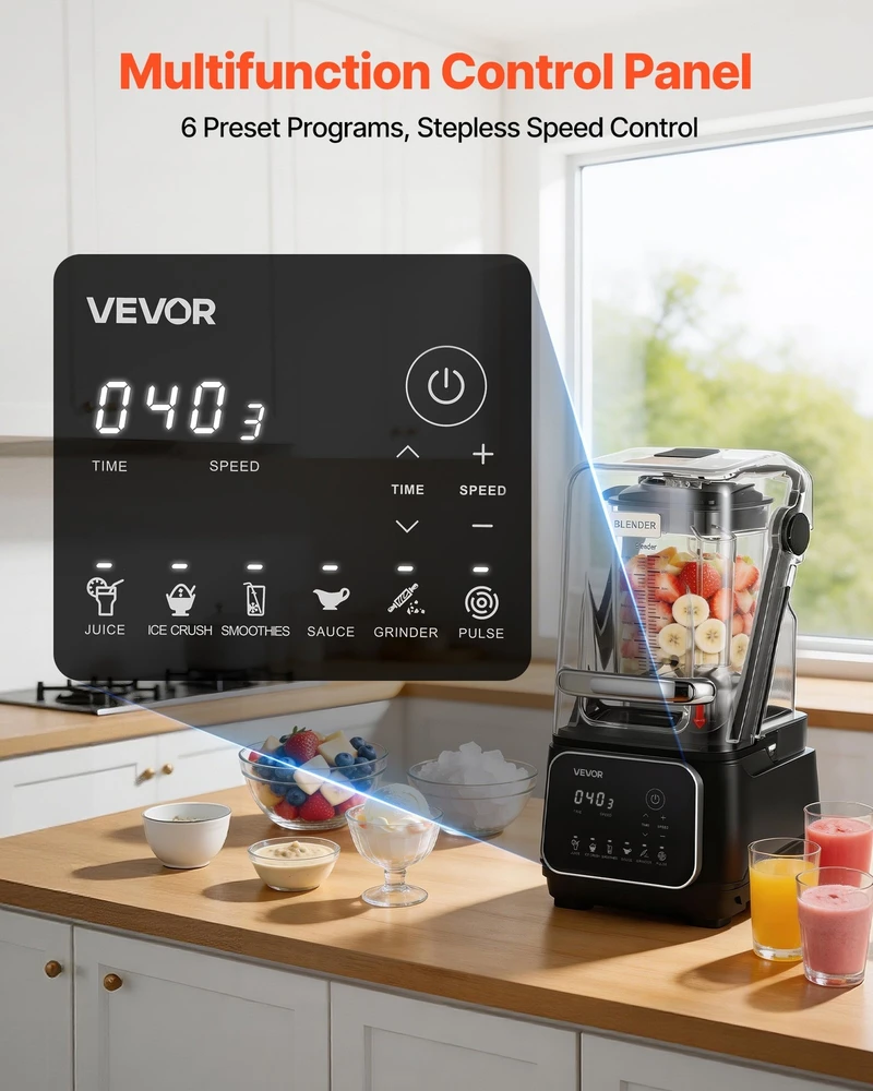 VEVOR Virtuvinis blenderis su ekranu 2L, 2200W, juodas