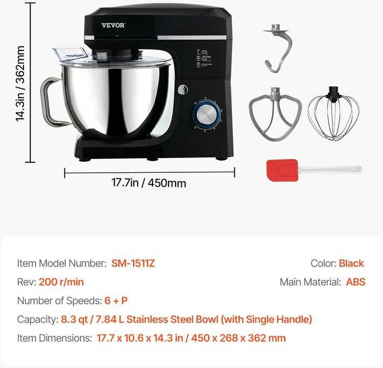 Plakiklis VEVOR Virtuvinis maišytuvas 7.84 L 1400W 6 greičiai