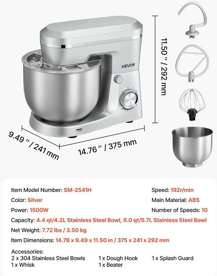 Plakiklis VEVOR Virtuvinis mikseris, 4.2 L+5.7 L, 1500W