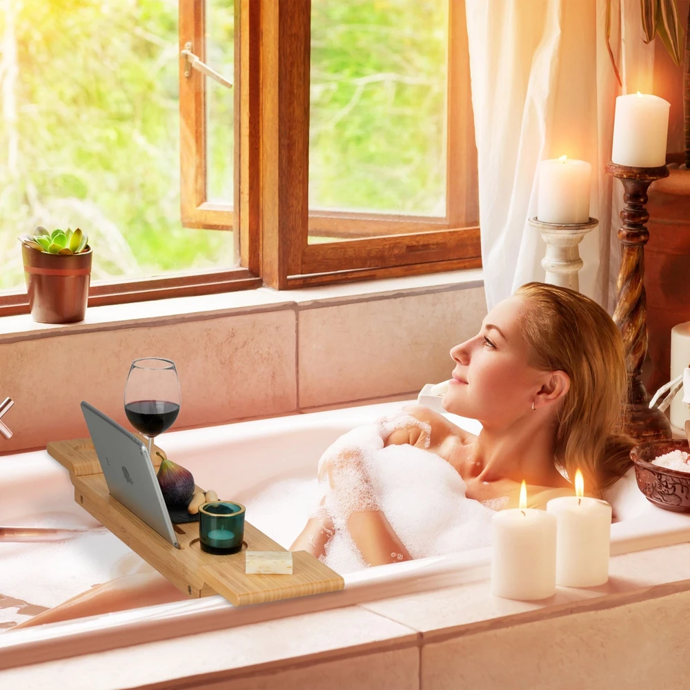 Relaxdays Vonios padėklas su kojelėmis ir planšetės laikikliu