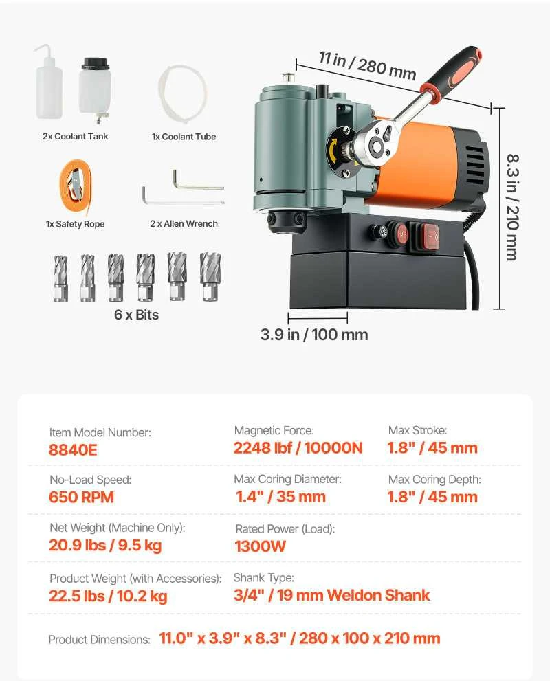 VEVOR Žemo profilio magnetinė gręžimo mašina, 1300 W, 35 mm