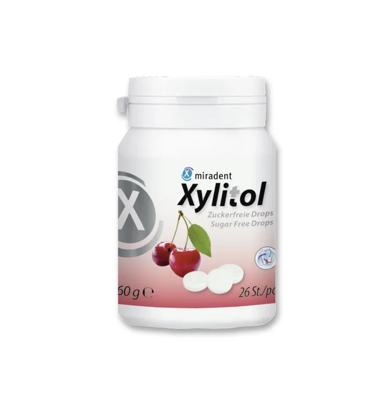MIRADENT Xylitol becukrės pastilės su ksilitoliu vyšnių skonio, 26 vnt.