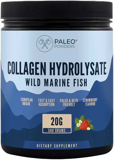 Paleo Powders hidrolizuotas laukinių žuvų kolagenas braškių skonio +Vit C, 500 gr.