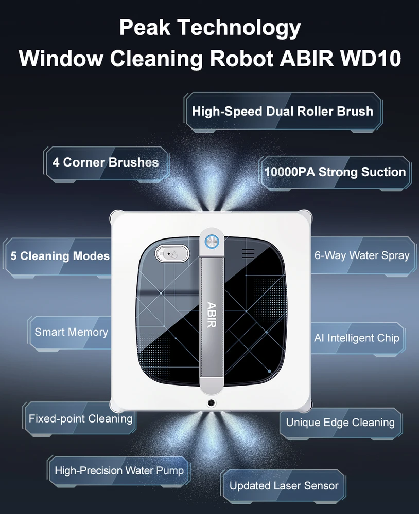ABIR WD10 langų plovimo robotas, baltas - dvigubas ritininis šepetys, kampų šepetėliai, triguba vandens srovė