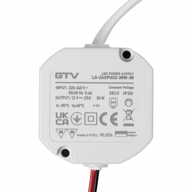 Can LED power supply 12V,30W, input 220-240VAC, IP20, dim. 59x59x28 mm with 200mm wires