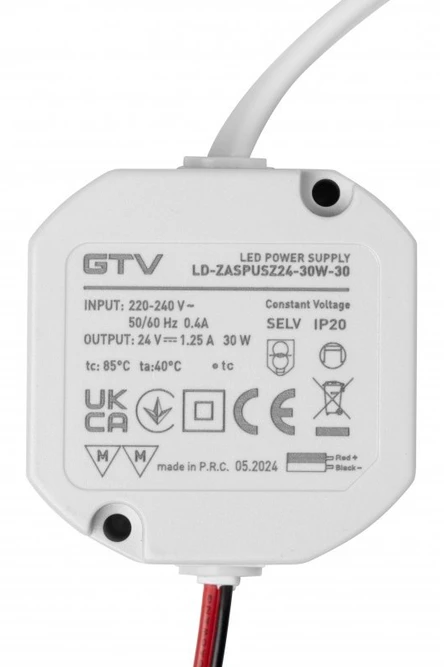 Can LED power supply 24V,30W, input 220-240VAC, IP20, dim. 59x59x28 mm with 200mm wires