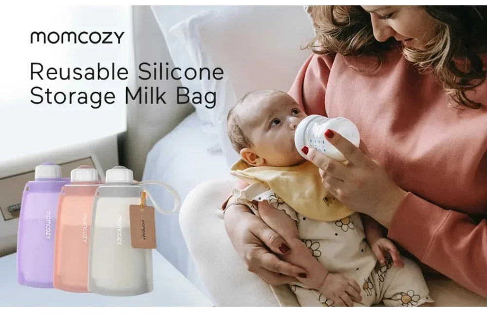 MOMCOZY DAUGKARTINIAI SILIKONINIAI PIENO IR MAISTO LAIKYMO MAIŠELIAI, 2 VNT. VIOLETINIS IR PILKAS