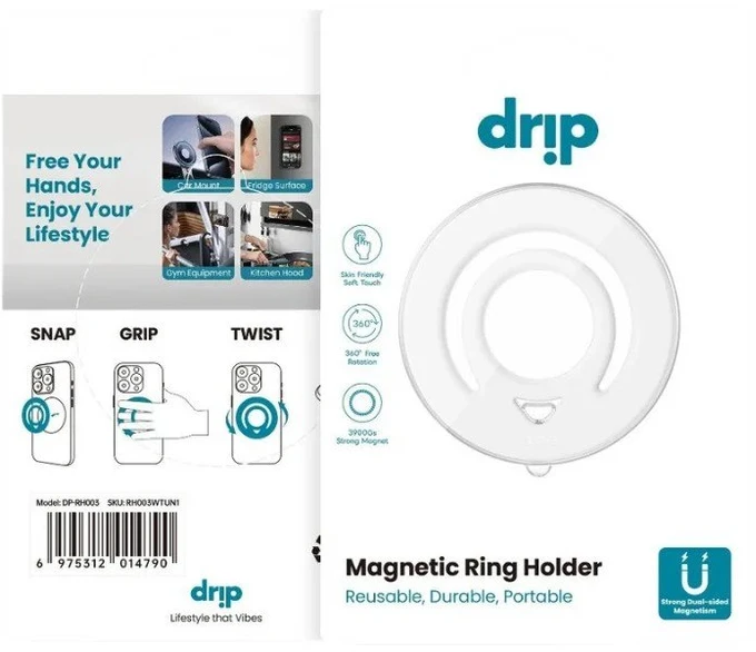 Drip telefono laikiklis su MagSafe silikoniniu piršto žiedu, baltas