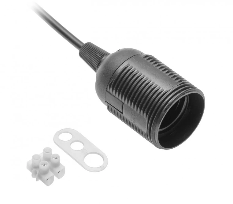 E27 lizdas su kabeliu ir prijungimo bloku, AC220-240V, maks.60W, 2x0,75mm2, juodas
