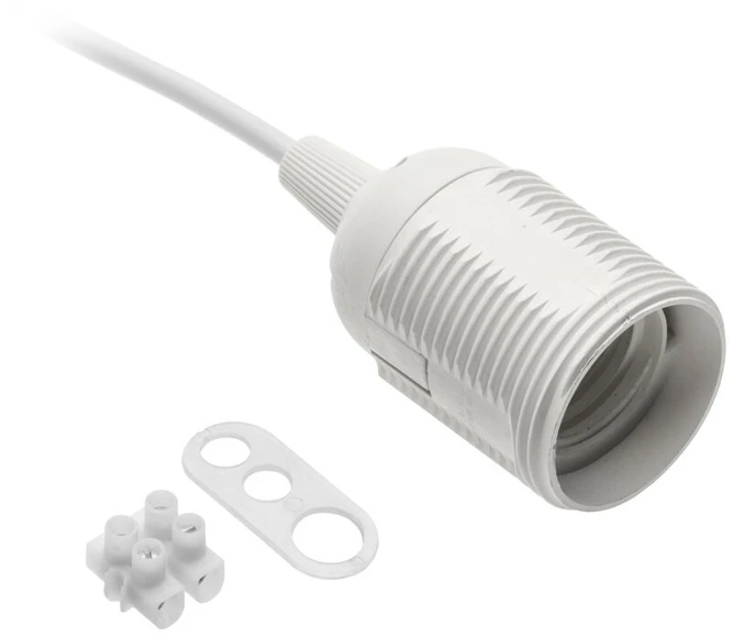 E27 lizdas su laidu ir kubeliu, AC220-240V, maks. 60 W, 2x0,75 mm2,16 cm, baltos spalvos