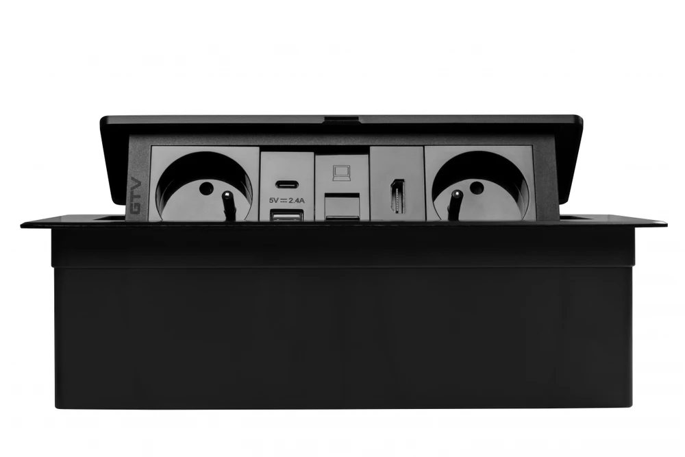 Furniture socket MULTISOFT, 2xSHUKO, USB A+C, RJ45, HDMI cable 1.5 m, juodas