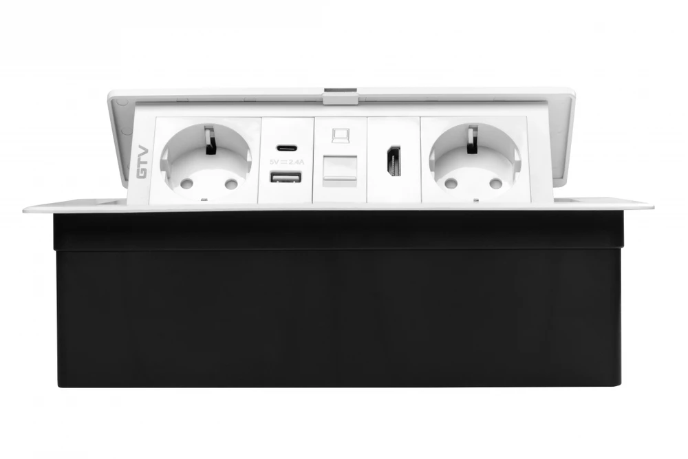 Furniture socket MULTISOFT, 2xSHUKO, USB A+C, RJ45, HDMI, cable 1.5 m, baltas