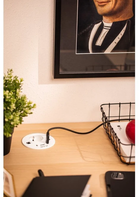 Furniture socket RONDO, 1xSHUKO, 1xUSB-A, 2xUSB-C, HDMI, RJ45 cable 1.5 m, baltas