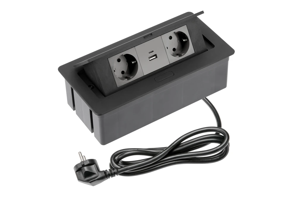 Furniture socket SOFT 2x Schuko socket, USB A+C, power cable with plug, juodas