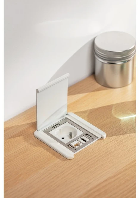 Furniture socket with Flip shutter, 1x French socket, 2xUSB A RJ45, cable 1.5m, baltas
