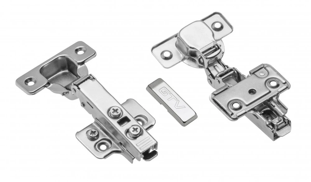 Hydraulic cup hinge straight with eccentric adjustment of arm and roller, with short cylin