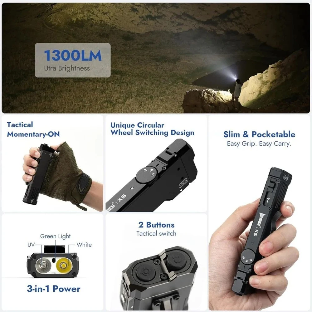 Įkraunamas LED prožektorius Wuben X5, 1300 lm, su UV šviesa ir žaliu lazeriniu žymekliu, IP65, juodas