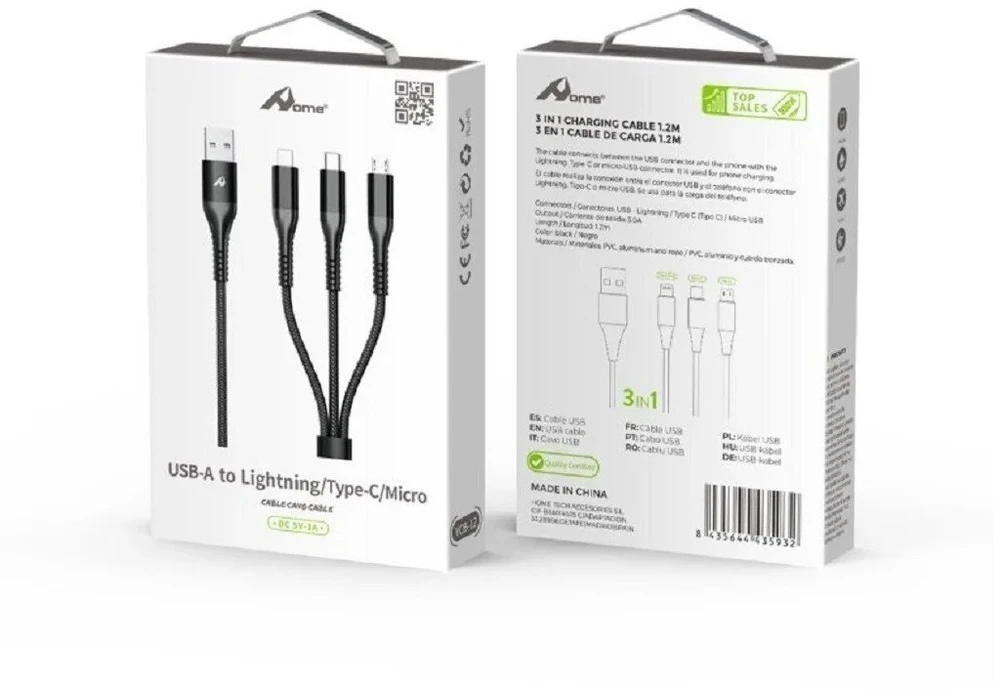 Įkrovimo kabelis telefonams Digitalome YCB-12 3 in 1 USB-C, Lightning, micro USB