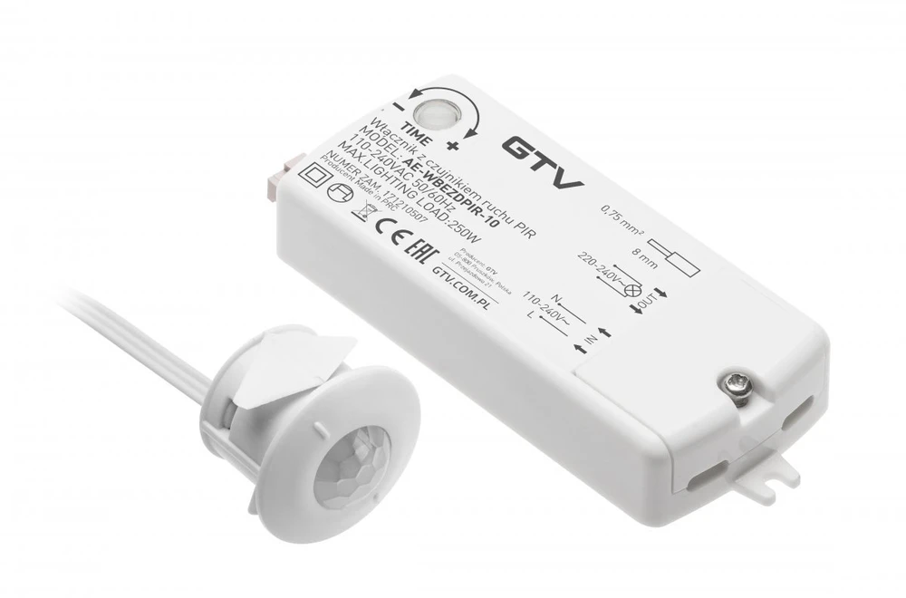 GTV Jungiklis be kontaktų PIR 230V, maks.250W, kabelis 2m, baltas