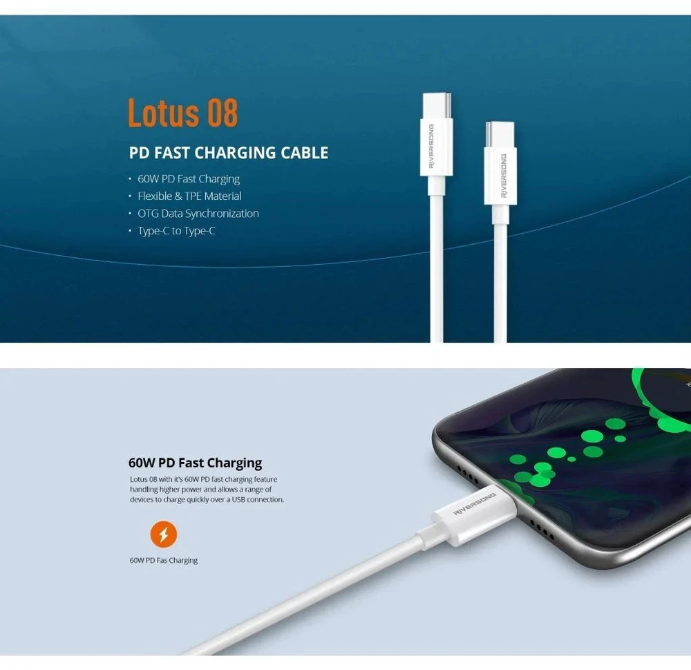 Riversong kabelis Lotus 08 USB-C - USB-C 1,0m 3A light pilkas CT76