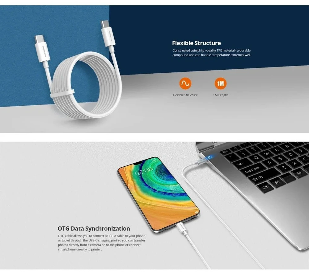 Riversong kabelis Lotus 08 USB-C - USB-C 1,0m 3A light pilkas CT76