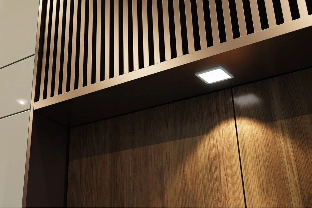 LED luminaire panel VEGAS 3W 100x100, alu, 2in1 warm-cold baltas, mini amp cable 2m