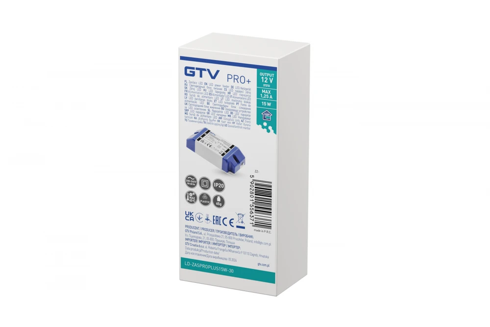 GTV LED maitinimo šaltinis PRO+ 12V, 15W, įėjimas 220-240VAC, IP20, matmenys 90x40x24 mm